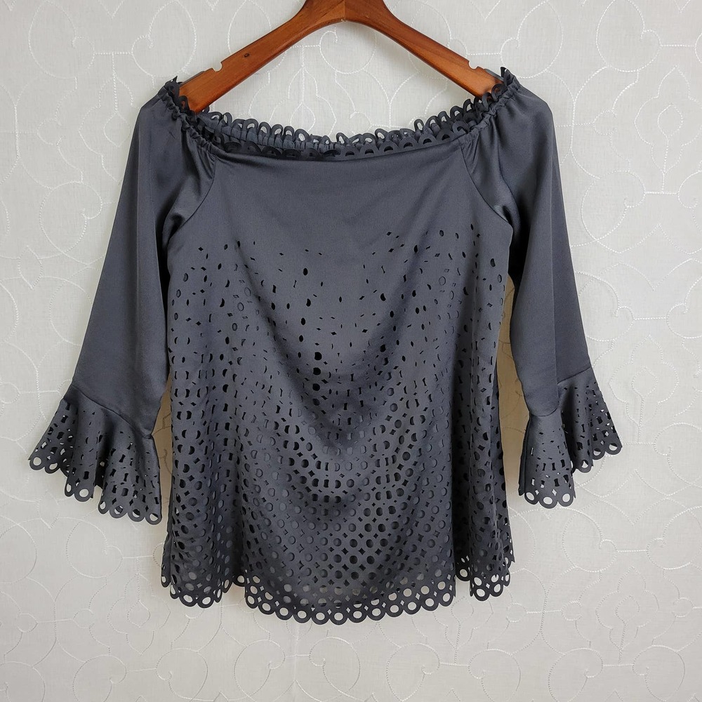 Banana Republic Women's Black Small Blouse Boat Neck Trumpet Sleeve‎